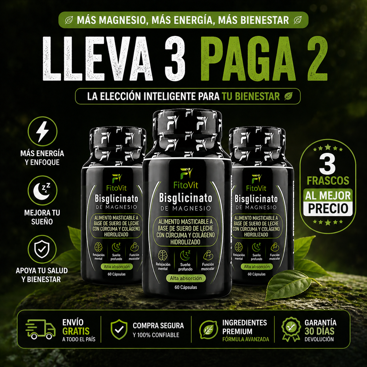 Bisglicinato de Magnesio FitoVit x180 | 3 Frascos + Envío GRATIS