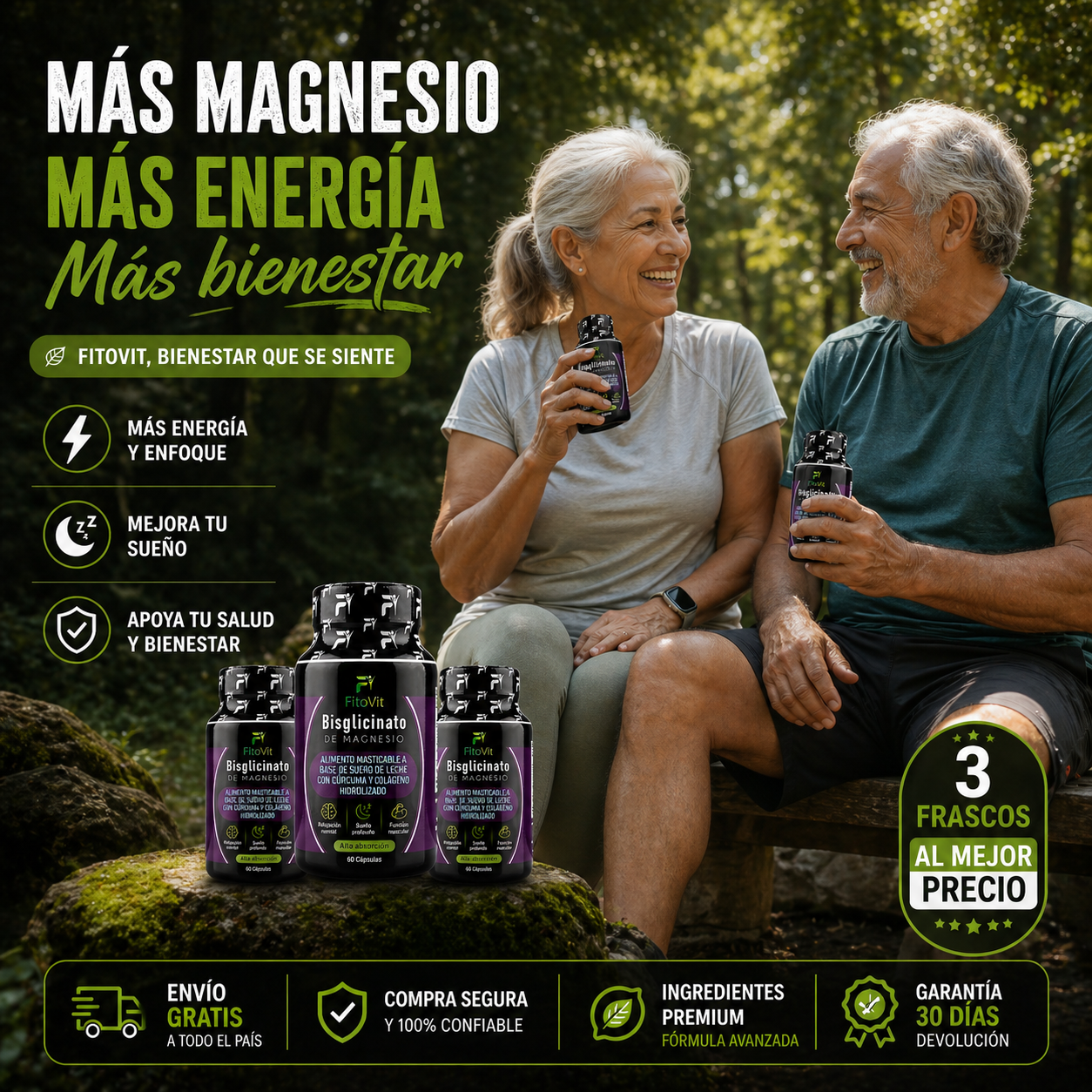 Bisglicinato de Magnesio FitoVit x180 | 3 Frascos + Envío GRATIS